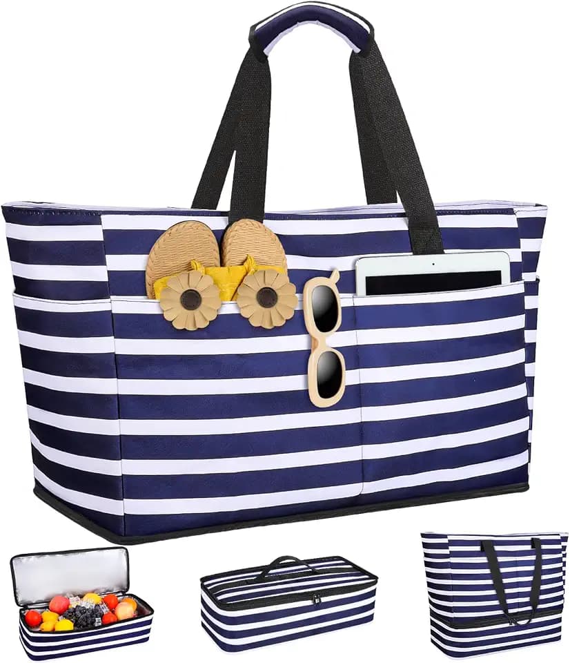 ISEYOU Beach Bag with Cooler, 49L Large Waterproof Sandproof Tote with Zipper, Foldable Travel Bag for Beach, Pool, Picnic