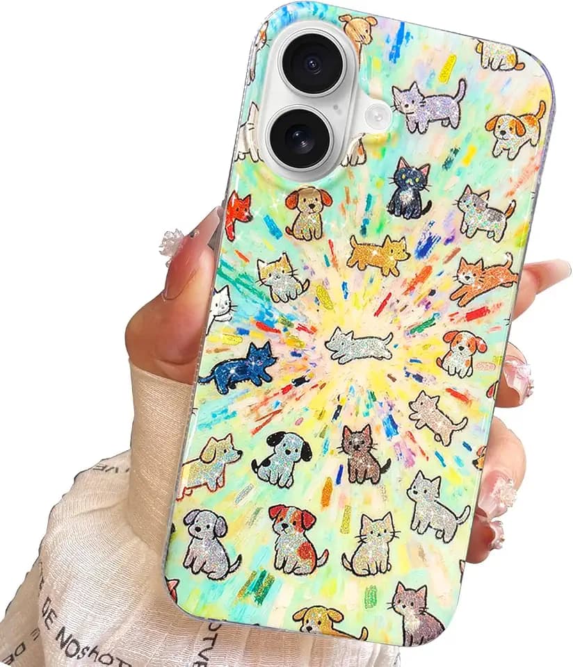 Compact Case for iPhone 17 Cute cat Design,Fun Dog Soft Slim TPU Shockproof Protective Bumper Phone Cases Cover for Women Girls Aesthetic Glitter Shiny Adorable