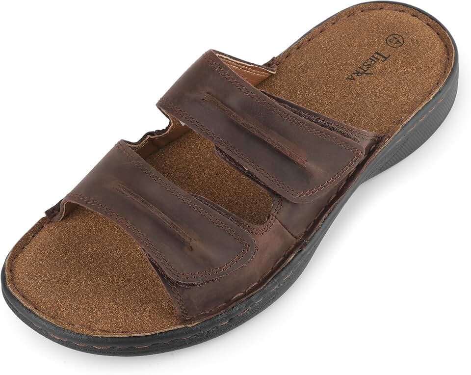 TIESTRA Pantoletten Herren Leder Klettverschluss Latschen Weiche Sommer Sandalen Rutschfeste Gummisohle Meer Strand Outdoor EU42-47