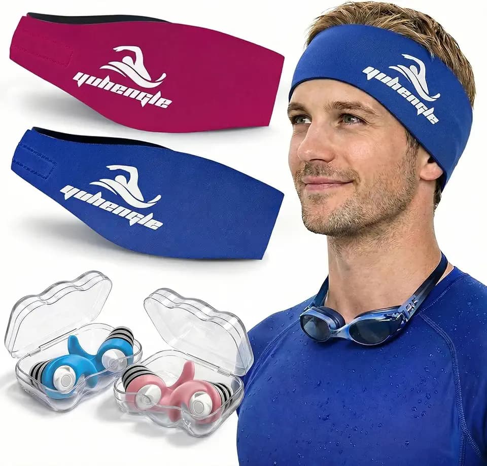 Swimming Headband for Kids Adults,Adjustable Swim Ear Band,2 Pairs Earplug