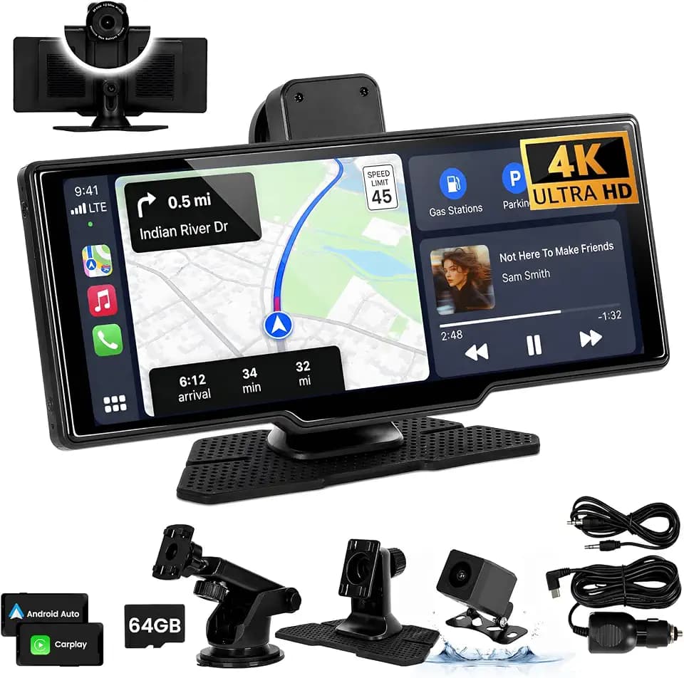 9.3" Wireless CarPlay Screen for Car, Portable Apple CarPlay & Android Auto Display with Bluetooth,1600x600 IPS Touchscreen, Backup Camera Input, Mirror Link, FM/AUX Output