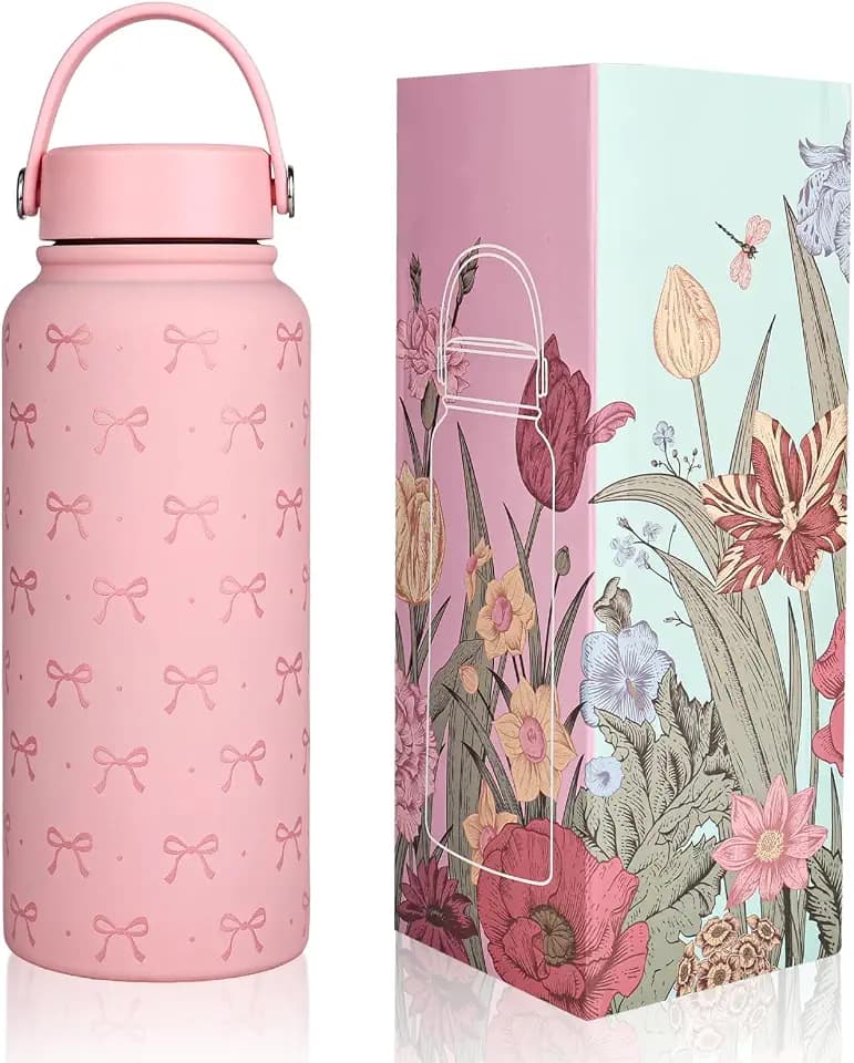 Pink Bow Wasserflasche 1L Thermosflasche, isolierte Wasserflasche, Edelstahl, süße Schleife, Kinderflasche, Sport-Reisebecher für Frauen und Mädchen, ideales Geschenk zum Geburtstag und