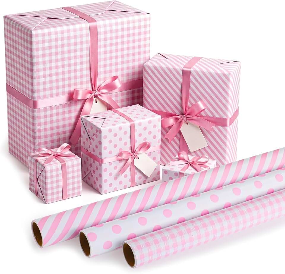 woric 3 Rolls Pink Gift Wrapping Paper -17 In x 120 In Per Roll