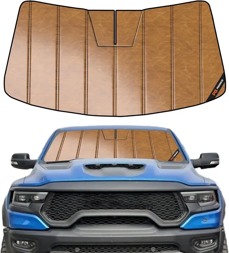 Pigenius Windshield Sun Shade for Ram 1500 2019-2024 with 5 inch Wide Sensor, Custom Front Window Sunshade - Leather