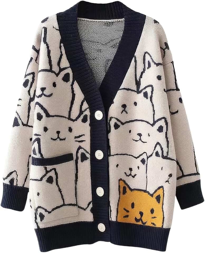 ebossy Women's Kawaii Cartoon Cat Cardigan Japanese Aesthetic Button Down Jacquard Knit Sweater Coat