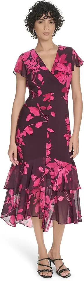 Tommy Hilfiger Women's Flutter Sleeve V-Neck Ruffle Trim Hi-Lo Midi Dress