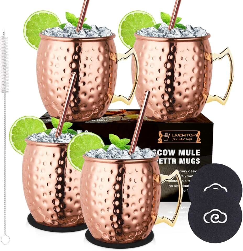 LIVEHITOP 4 Stück Moscow Mule Kupfer Tasse Set, 19.5 Oz Handgemacht