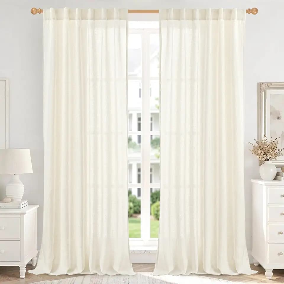 YoungsTex Extra Long Ivory Linen Curtains 95 Inch Length for Living Room, Light Filtering Drapes with Rod Pocket Back Tab Rustic Semi Sheer for Bedroom Window, 2 Panels, 52 X 95 Inch