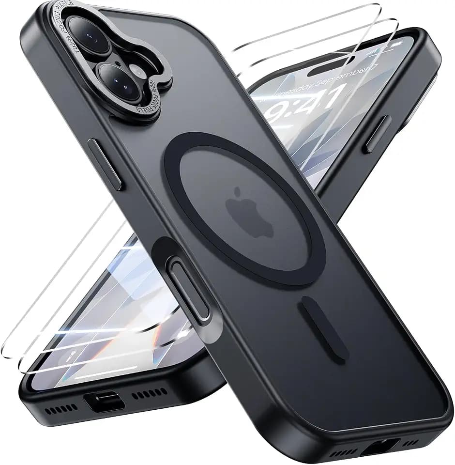 for iPhone 17 Case with 2X Screen Protectors [Compatible with MagSafe] Military Grade Drop Protection Skin Feeling Cover Shockproof Slim Fit iPhone17 Phone Case 6.3 inch,Black