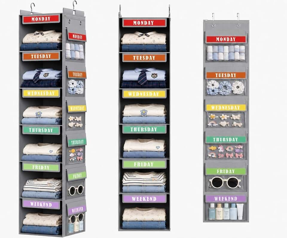 DIMJ Hanging Closet Organizer 2 in 1 - Weekly Clothes Organizer for Kids Over the Door Organizer 6-Shelf Daily Monday Friday Weekend Hanging Shelves, for School Outfits, Baby Clothes, Grey