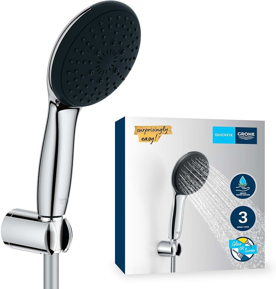 GROHE Vitalio 110, Duschkopf mit Schlauch und Halterung, wassersparend, 8l pro Min (Handbrause 3 Strahlarten, Universalanschluss, Duschbrause mit Duschschlauch 1,5m, Halterung klebbar) chrom, 26769001