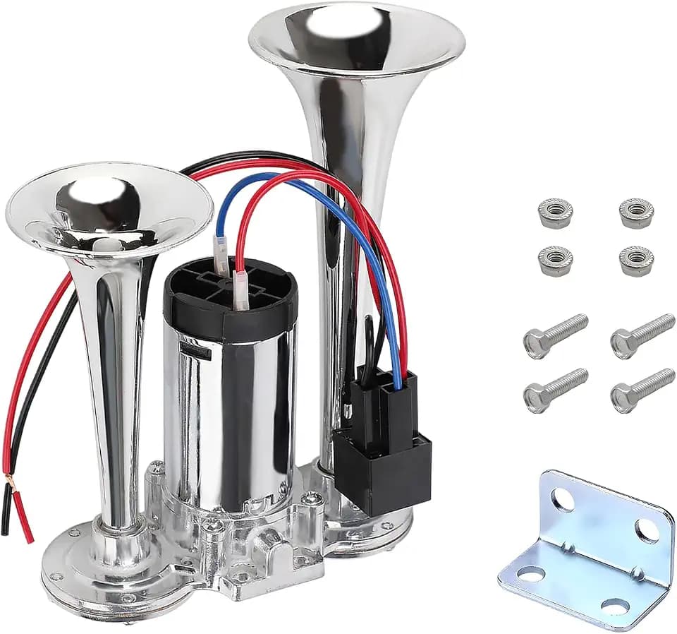 12V Car Air Horn, 120DB Super Loud Dual Trumpets Vehicle Electric Horns Kit with Compressor, 12V Waterproof Air Horn Speaker Replacement for Cars Trucks Motorcycles (Silver)