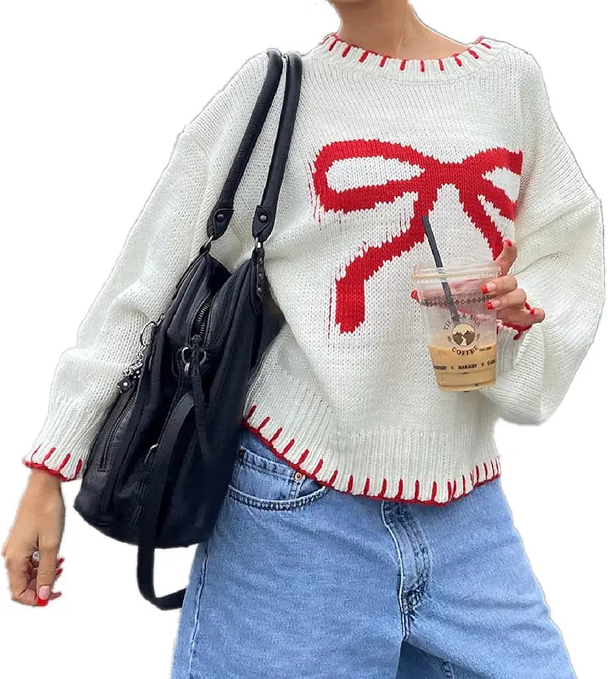 WZTYYDS Women Y2K Bow Knit Fall Winter Crew Neck Long Sleeve Sweater