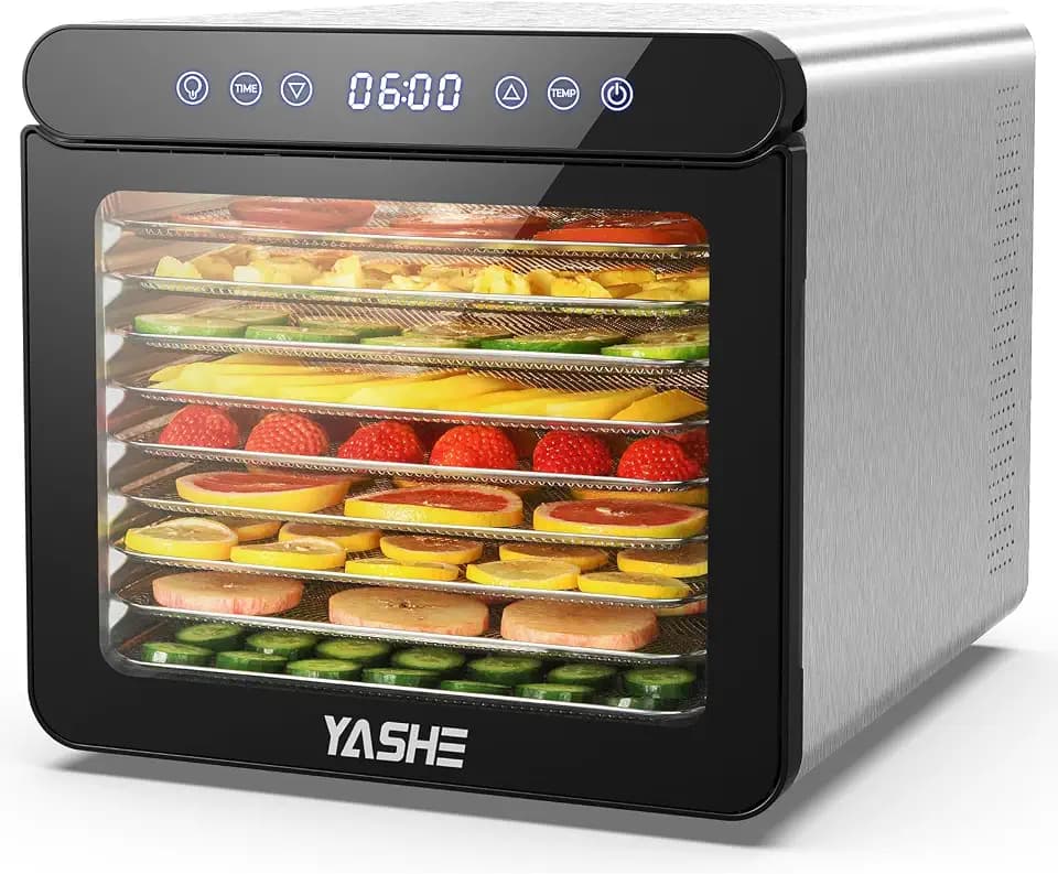 YASHE Edelstahl-Dörrautomat, 9 Tabletts, Digital, 75°C, 48h-Timer, 800W