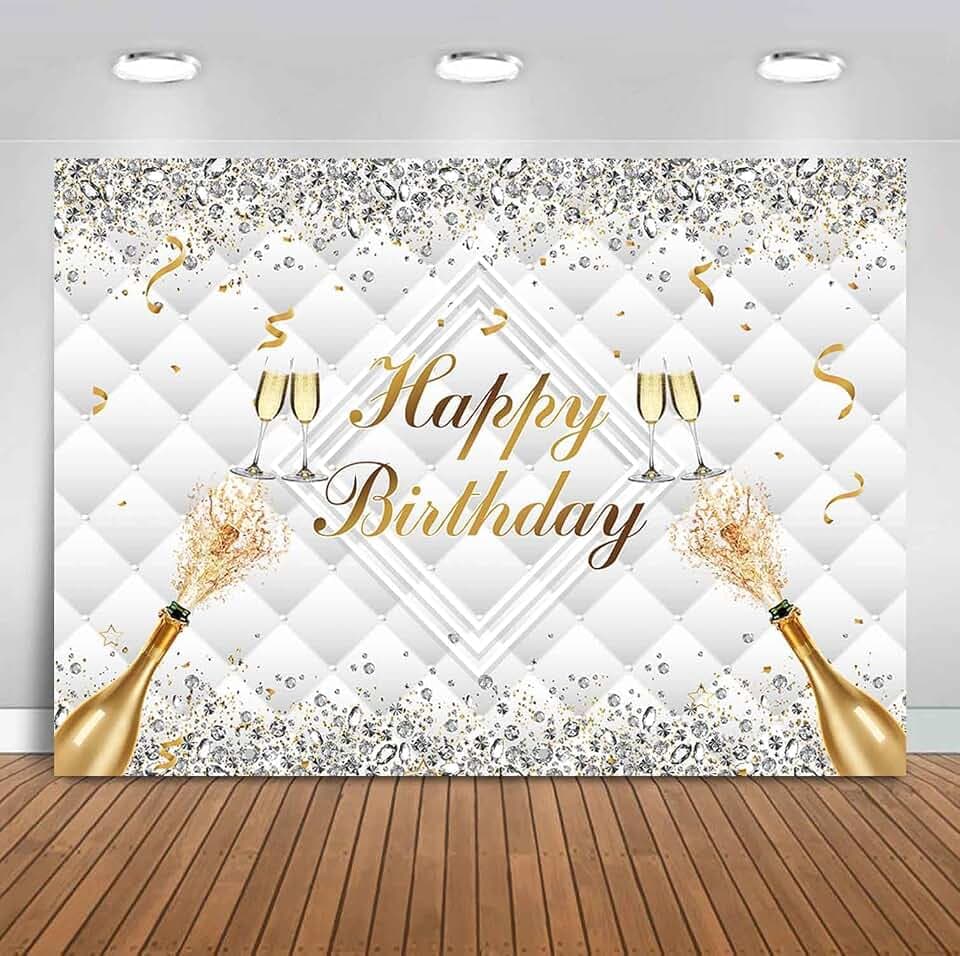 Sensfun 7x5ft White Gold Happy Birthday Backdrop Glitter Diamond Luxury Headboard Texture Photo Background Banner Women Champagne Birthday Party Decoration Supplies Photo Booth Props