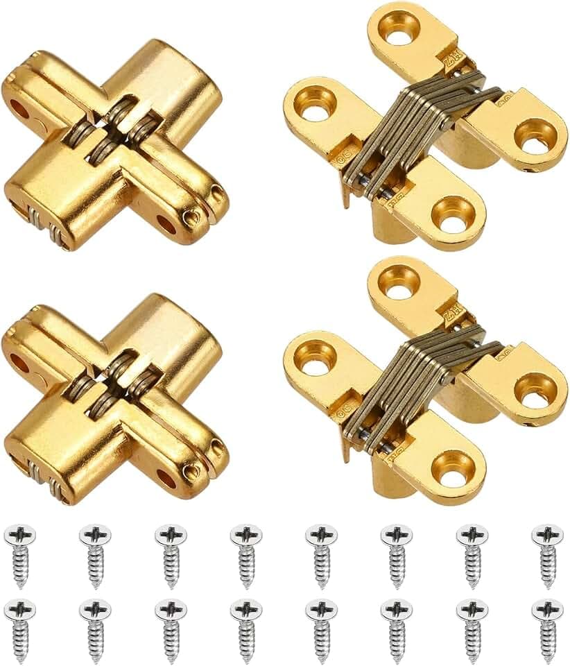 sourcing map Versteckte Schranktürscharniere, 4,2 x 1,2 cm, 180 Grad, verdecktes Kreuzscharnier für Holzkisten, unsichtbare Tür, Gold, 4 Stück