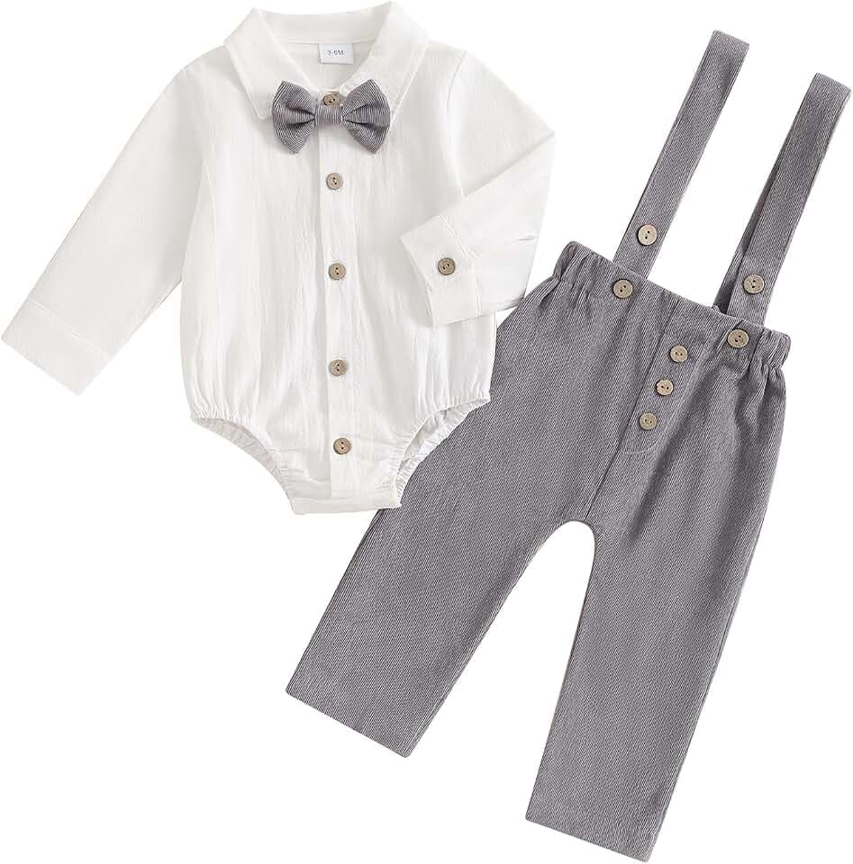 Himllauen Baby Jungen Herbst Gentleman Set Kleinkind Langarm Revers Ausschnitt Shirt Strampler mit Knopfleiste Fliege Hose 2 Stück Neugeborene Jungen Winter Outfits