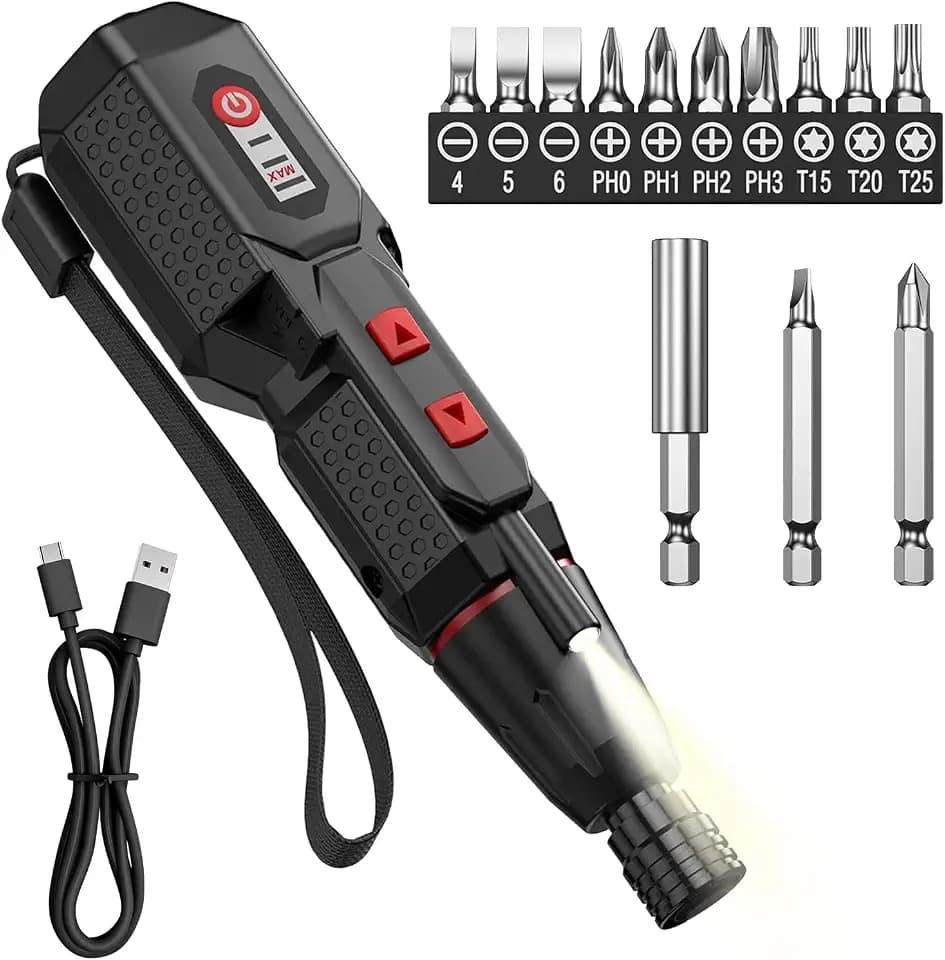 TPQKA 4V Electric Screwdriver with LED Light, 3-Speed Cordless Screwdriver Set with 12-Piece Bits & USB Charging Cable for Home Repair, Furniture Assembly & Electronics