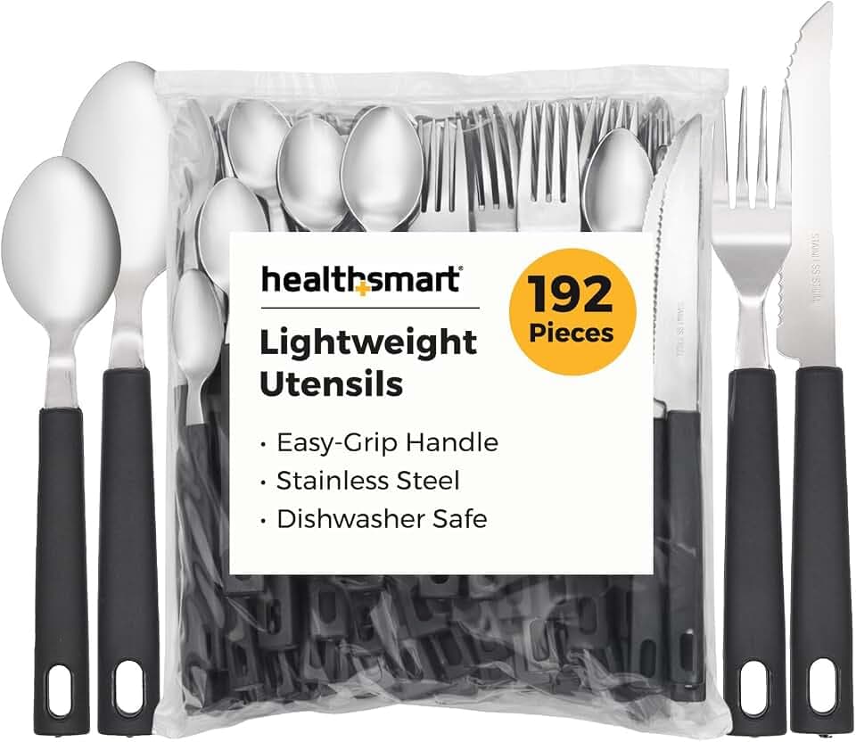 HealthSmart Lightweight Adaptive Utensil Set, 192-Piece Bulk Case – Stainless Steel Easy-Grip Silverware for Elderly and Limited Mobility, Includes 48 Teaspoons, 48 Tablespoons, 48 Knives, 48 Forks