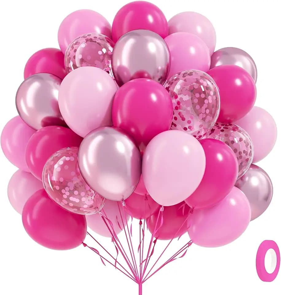 60pcs Hot Pink Balloons 12inch with Metallic Hot Pink Confetti Balloons