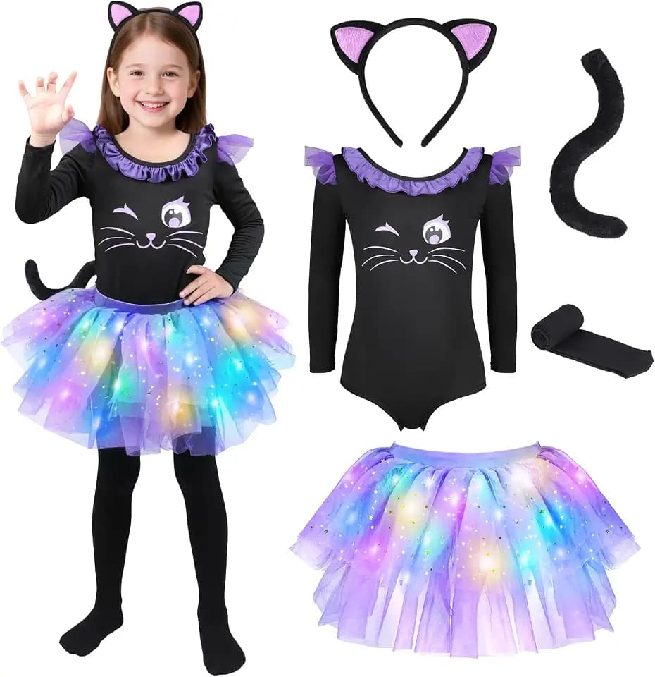 GIFTINBOX Black Halloween Cat Costume for Girls, Light Up Outfit Kids 3-8