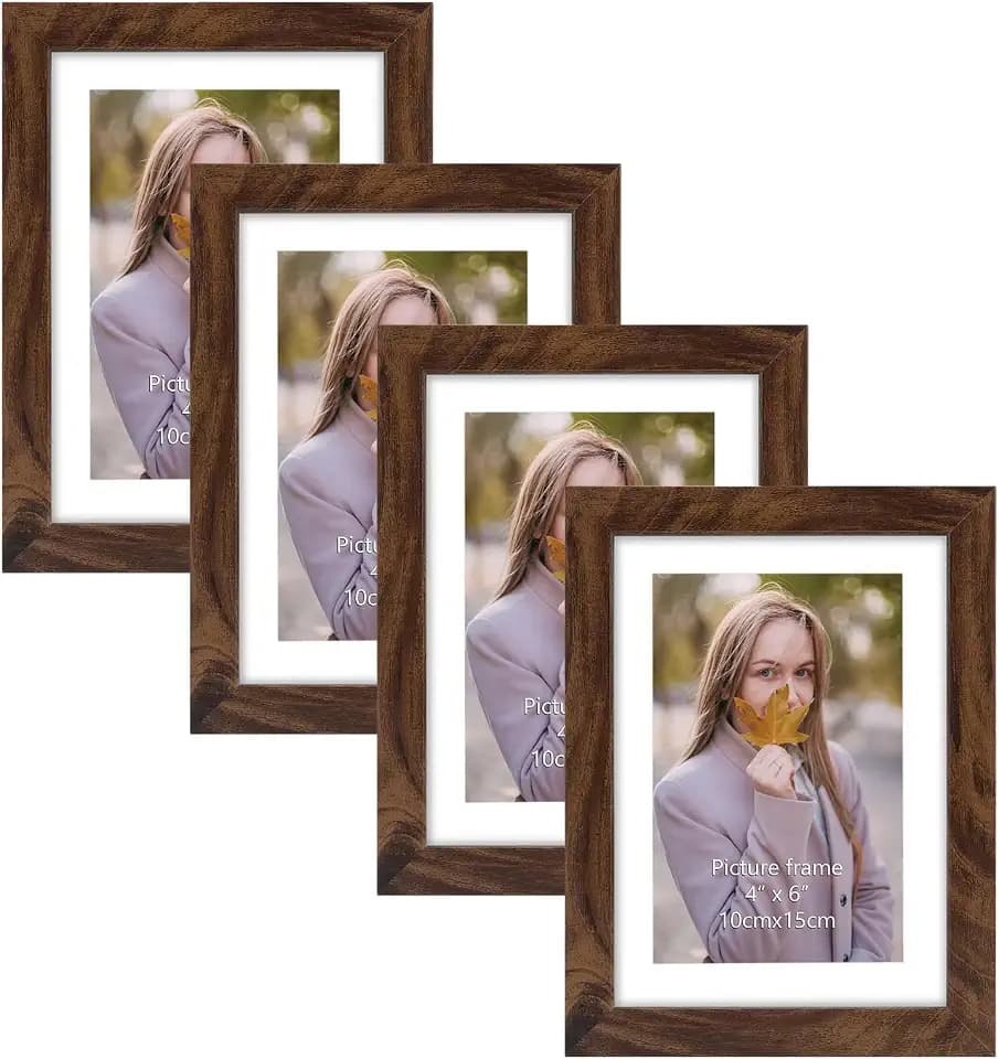 EXYGLO 4er-Set Bilderrahmen 10x15 CM, Braune Rustikale Fotorahmen für 15x10 Fotos mit Passepartouts oder 13x18 Bilder ohne Passepartouts, Wand- oder Tischaufsteller