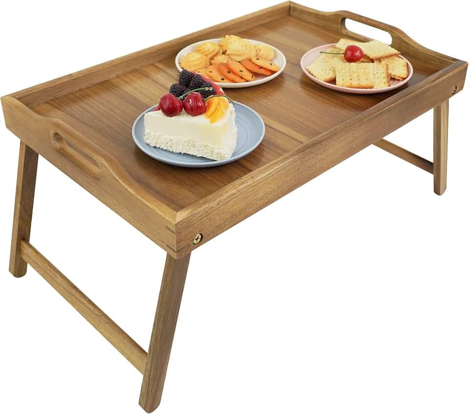 Utoplike Large Acacia Bed Tray Table for Eating, Breakfast Trays with Legs