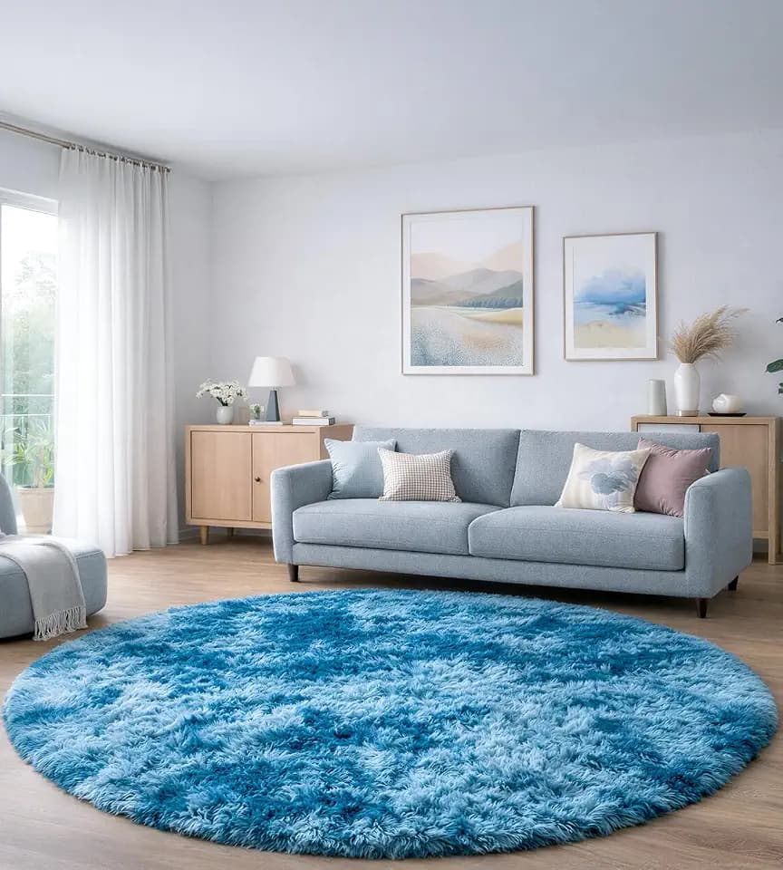 Runder Teppich 120 cm Pfauenblau Waschbar Rutschfester Runder Hochflorteppich Wohnzimmer Schlafzimmer Flauschig