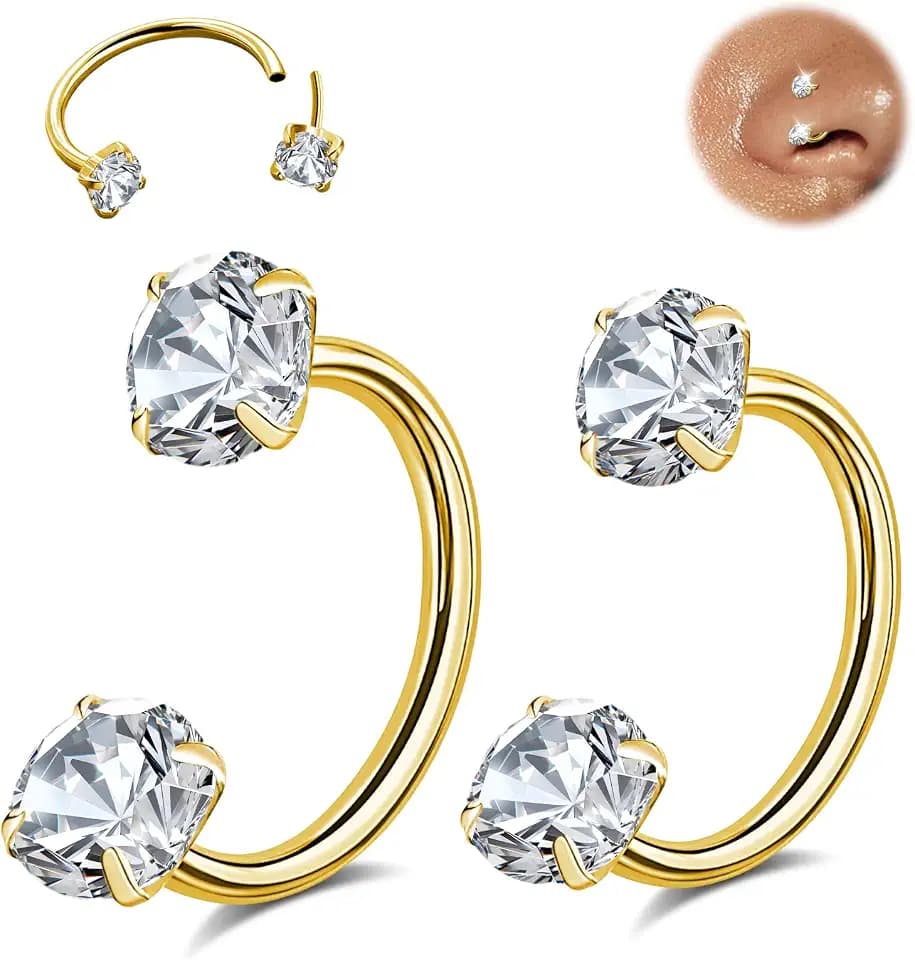 ONESING 18G/20G Horseshoe Nose Rings for Women Stianless Steel Double Gem Nose Rings Hoops Push in Cartilage Helix Tragus Horse shoe Nose Jewelry Hypoallergenic Threadless Nostril Piercing Jewelry for Women Men Silver/Gold/Black inner 7mm/8mm