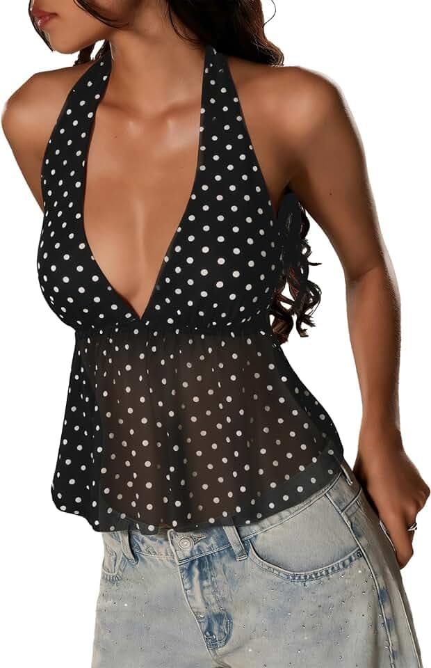 Women's Y2K Polka Dot Top Halter Crop Tank Mesh V Neck Tie Backless Sexy Ruffle Hem Peplum Going Out Tops Party Club