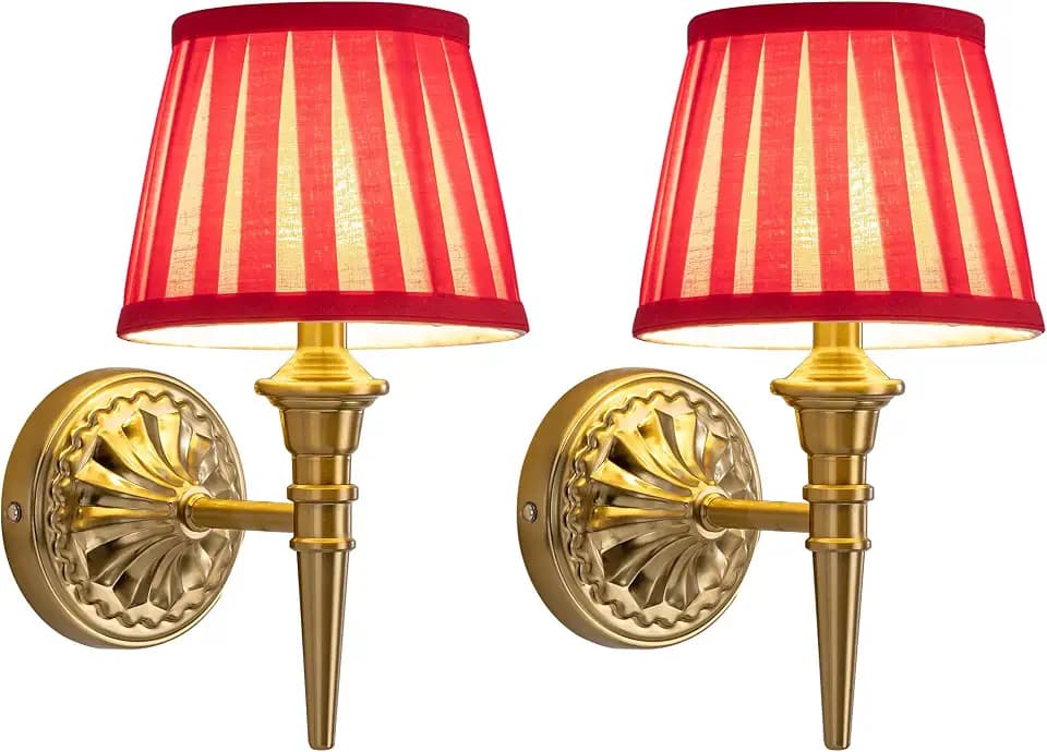 Akku Wandlampe Innen 2 Stück,5200mAh Aufladbar LED Wandleuchte mit Stoffschirm,Dimmbar Wandleuchten für Wandmalerei,Wohnzimmer,Schlafzimmer,Flur,Geschenke,Küche (Rot Lampenschirm)