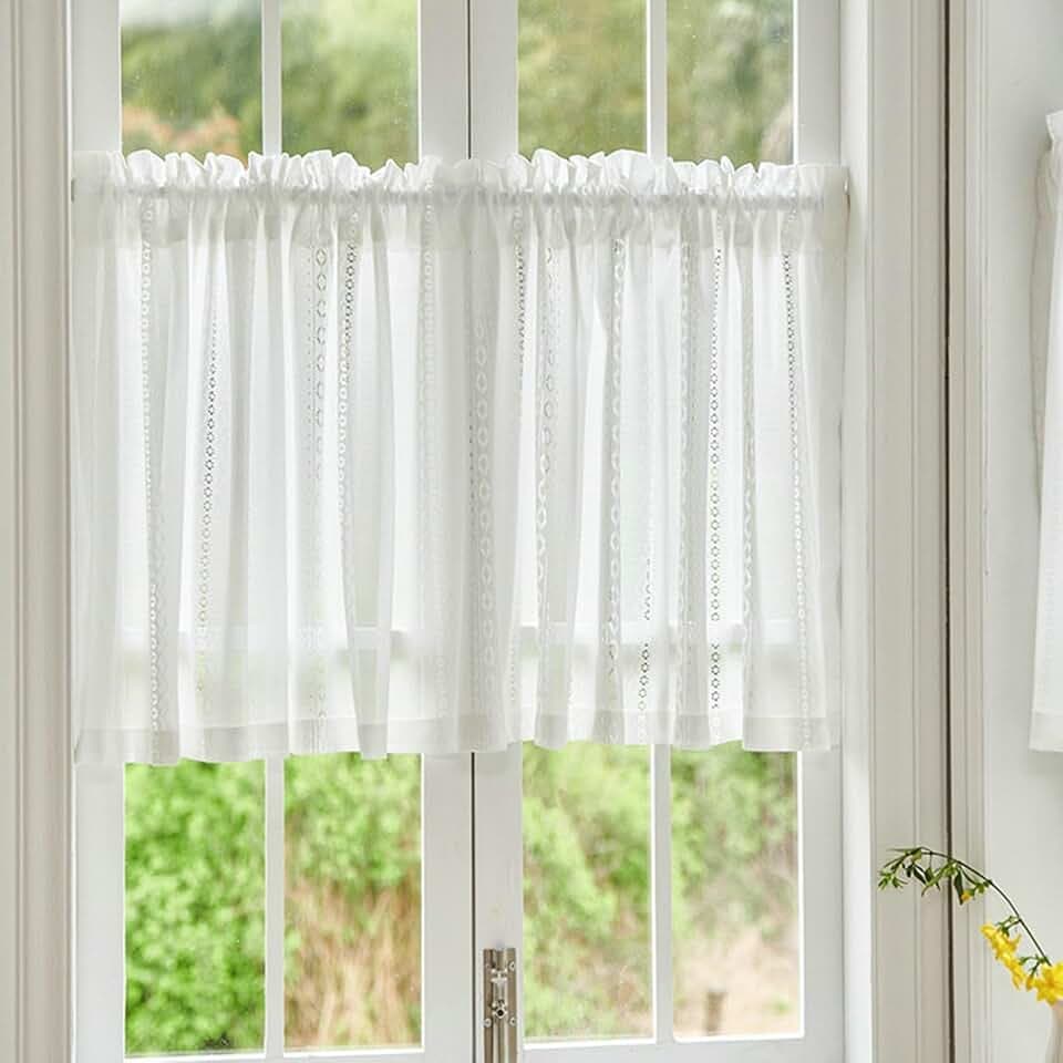 Vorhang Küche Kurz Spitze 1 Stück, Scheibengardine Stickerei Modern Lichtdurchlässig Stores Gardinen Einfarbig Fenster Vorhänge Weiß Rod Tasche Wohnzimmer Landhaus 120x100cm