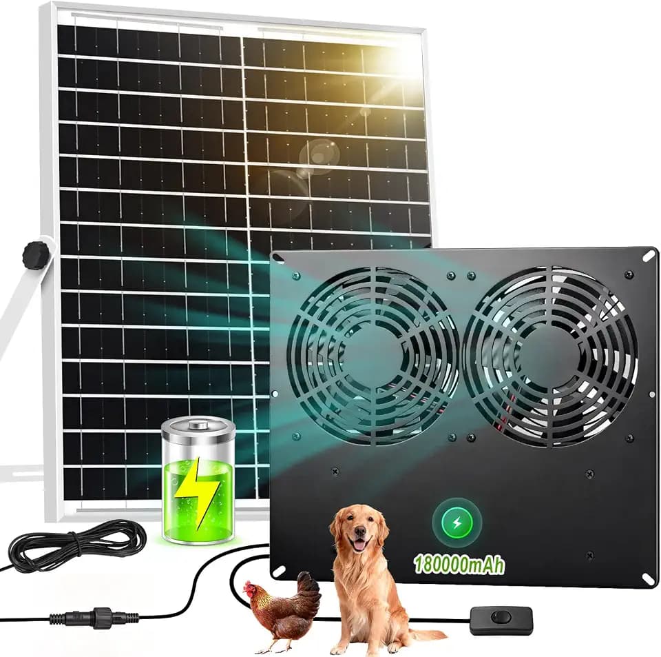 Metal Solar Dual Fan with Battery Day & Night Work Fans, 25W Solar Powered Fan for Chicken Coop with 18000mAh Battery, Outdoor Waterproof Greenhouse Solar Exhaust Fan for Shed, Pet Houses, Ventilation