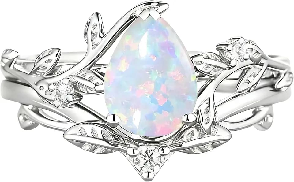 S925 Sterling Silver 1.5 Carat (ctw) White Opal Wedding Ring Sets for Women Leaf Halo Opal Bridal Set Pear Cut Engagement Ring Sets for Her Unique Jewelly Gifts