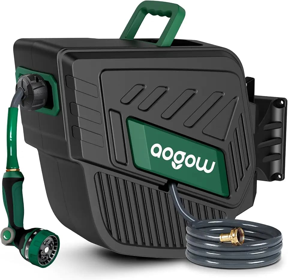 Retractable Garden Hose Reel: 1/2 in x 100 ft Wall Mounted Water Hose Reel with 10-Function Nozzle, Hose Reels for Outside, Any Length Lock, Brass Fittings, Slow Auto Rewind & 180° Swivel