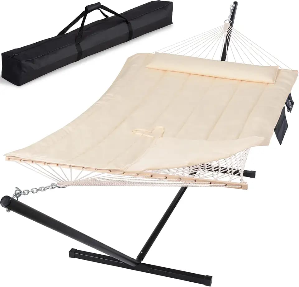 SUNCREAT Two Person Hammock with 12ft Stand Included, Beige