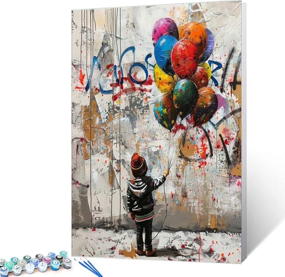 Tucocoo Farbenfrohes Luftballon-Malen nach Zahlen für Erwachsene, DIY Digital-Ölmalerei-Sets auf Leinwand mit Pinseln und Acrylpigment, Banksy Little Boy Street Artwork für Heimdekoration, 40,6 x 50,8