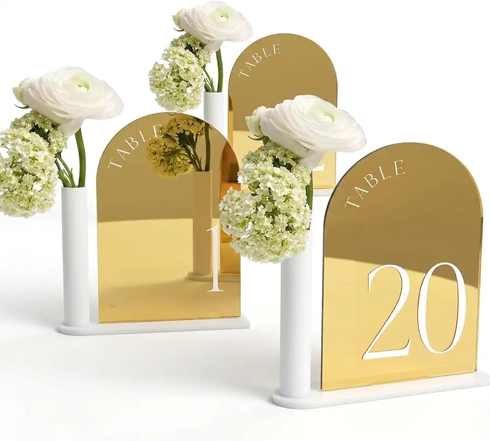 Wedding Table Numbers 1-20, Gold Mirror Acrylic Table Sign Holders & Stands