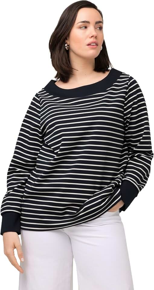 Ulla Popken Damen, Streifen, U-Boot-Ausschnitt, Langarm Sweatshirt
