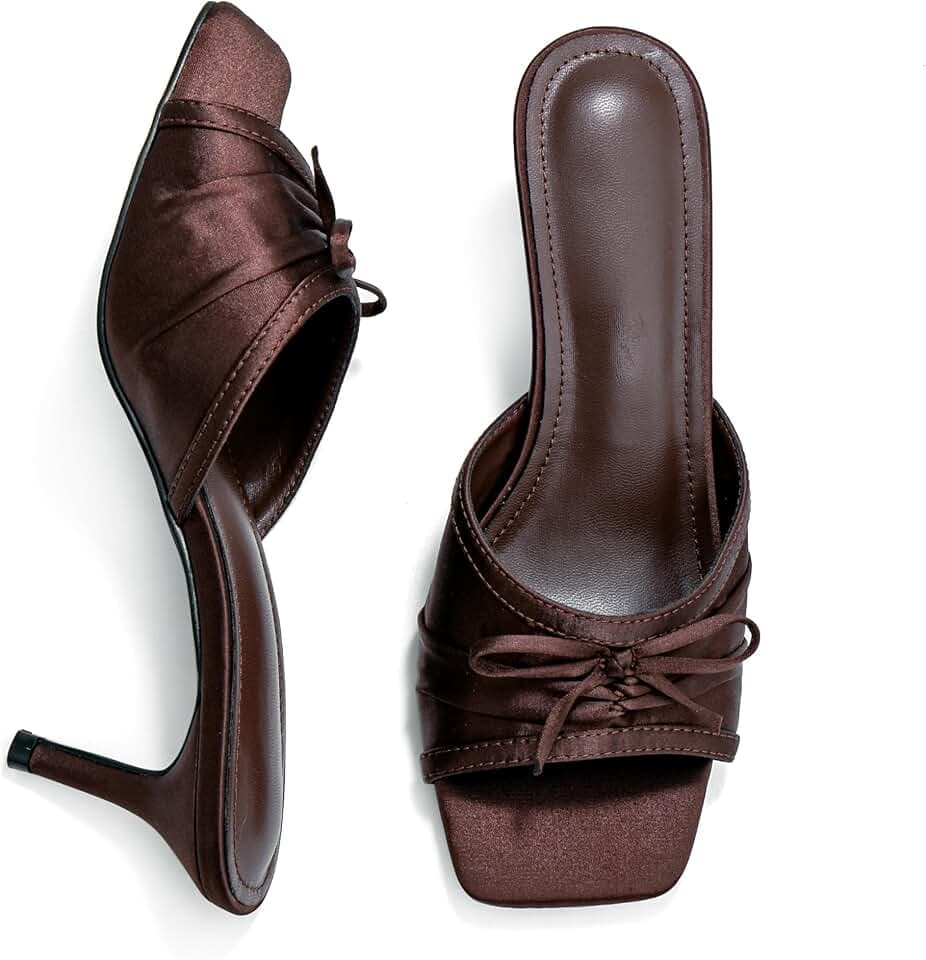 Kitten Heels for Women Open Square Toe Backless Sandals Mules with Bowknot