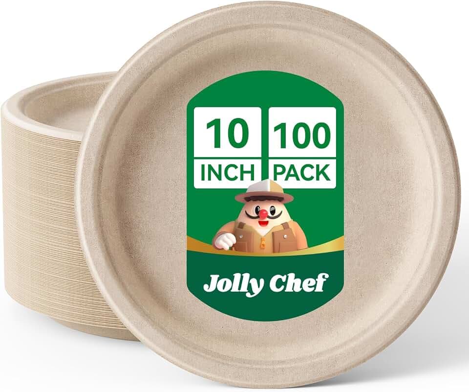 JOLLY CHEF Zuckerrohrteller Kompostierbare 10 Zoll, 100 Stück Natürlich
