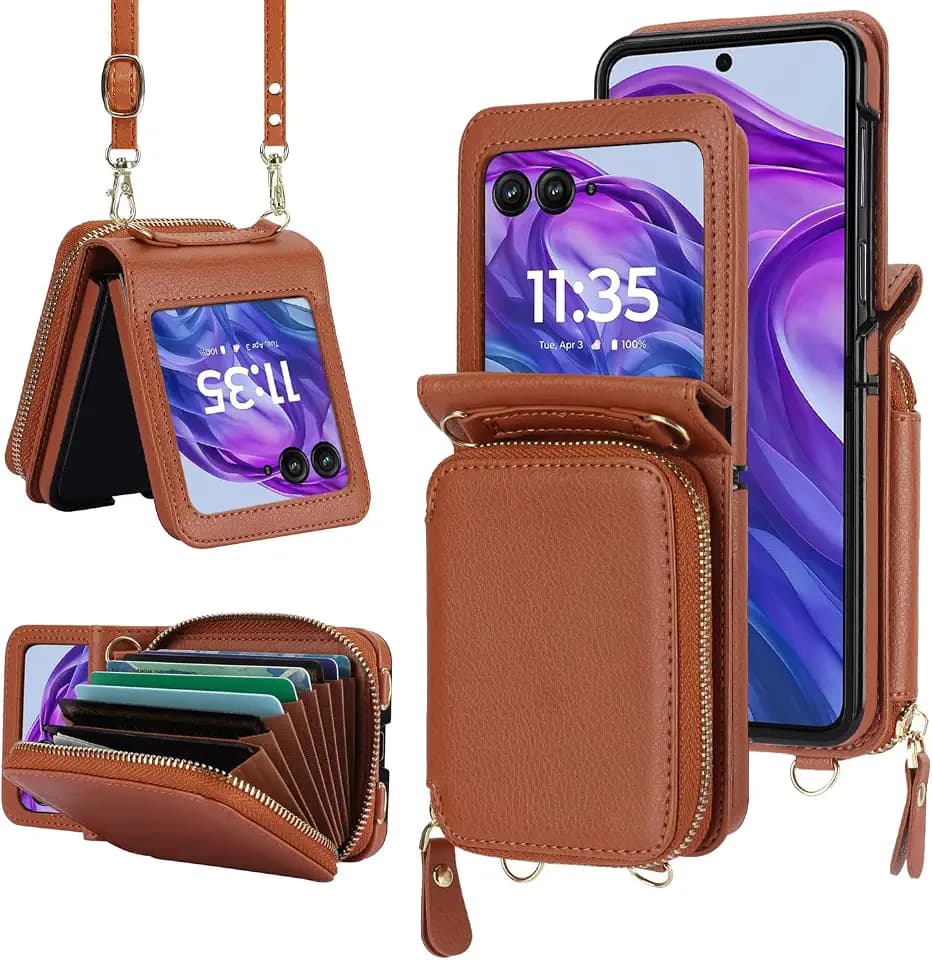 Asuwish Zipper Wallet Phone Case for Motorola Razr Plus/Ultra 2024 Brown