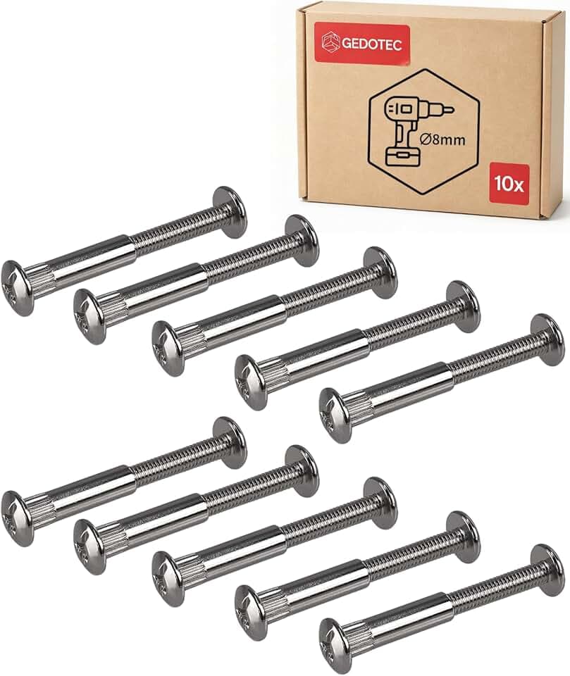 Gedotec Möbelschrauben M6 | 10 Stück - Hülsenschrauben | Verbindungsschraube Stahl vernickelt | Holzdicke 65-76 mm | Schrankverbinder Kreuzschlitz PZ2 und Flachklinge | Möbelverbinder Schrauben