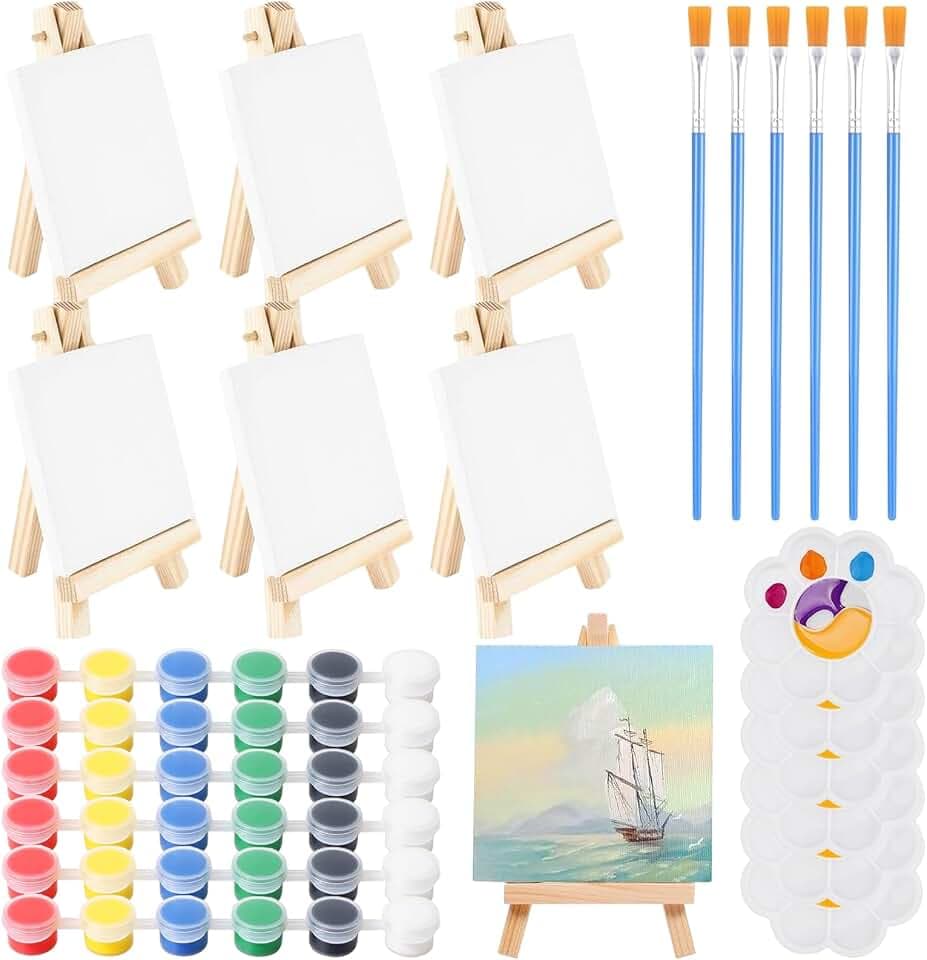 30 Teiliges Mini Staffelei mit Leinwand Set, Bilderrahmen-Set, Dreieck Holz Dekoration, DIY Malzubehör für Einsteiger & Hobbymaler