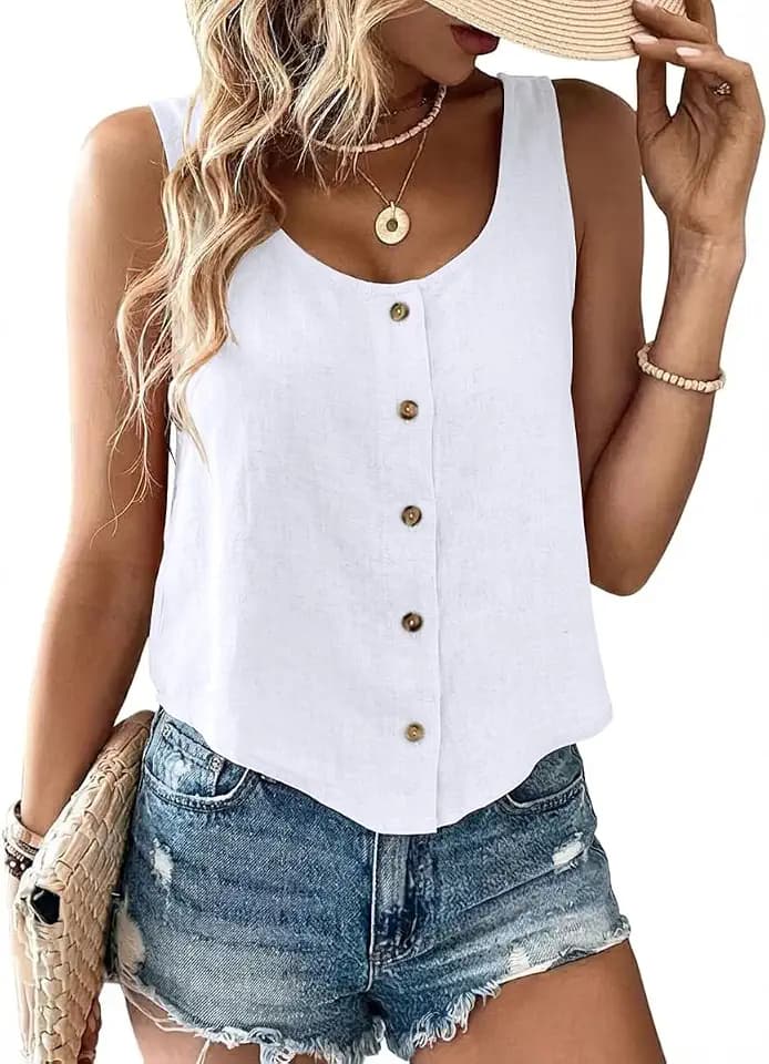 IDEALSANXUN Womens Scoop Neck Linen Tank Tops Button Down Sleeveless Shirts Vest Top