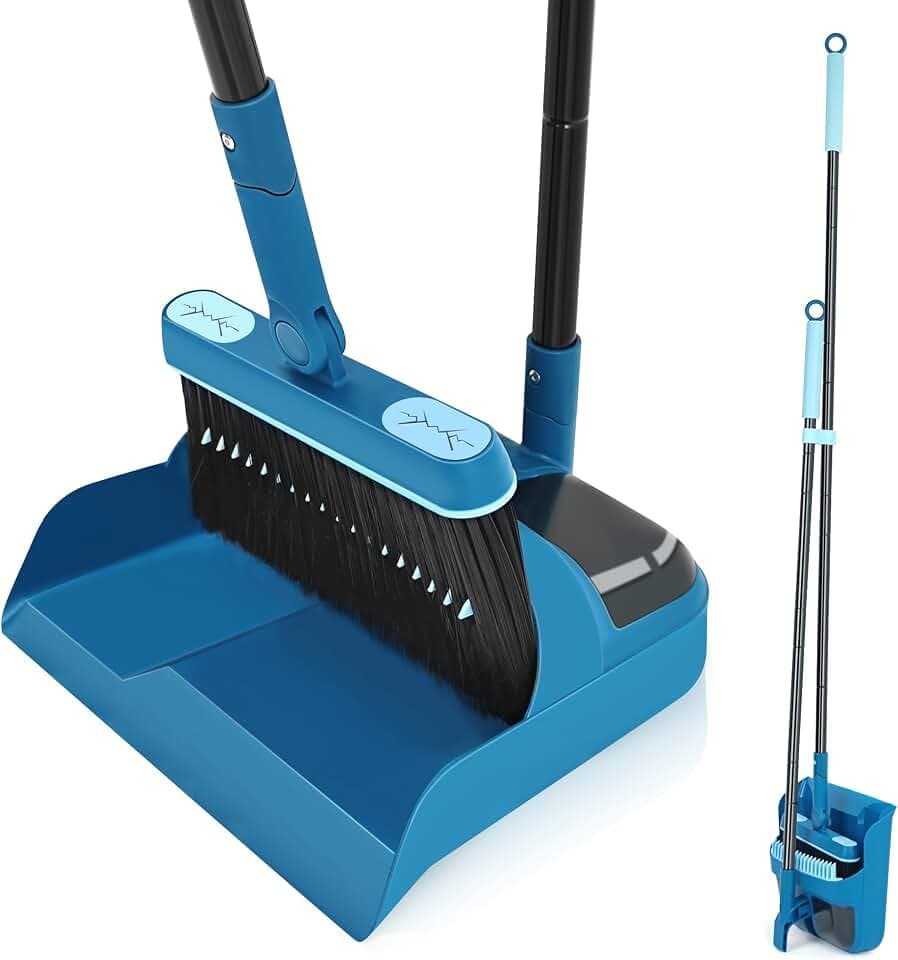 Besen und Kehrschaufel Set mit Langem Stiel 138CM, 180 Grad Drehbar Camping Kehrbesen Innen und Schaufel für Vorzelt, Haus, Büro, Lobby, Terrasse (Blau)