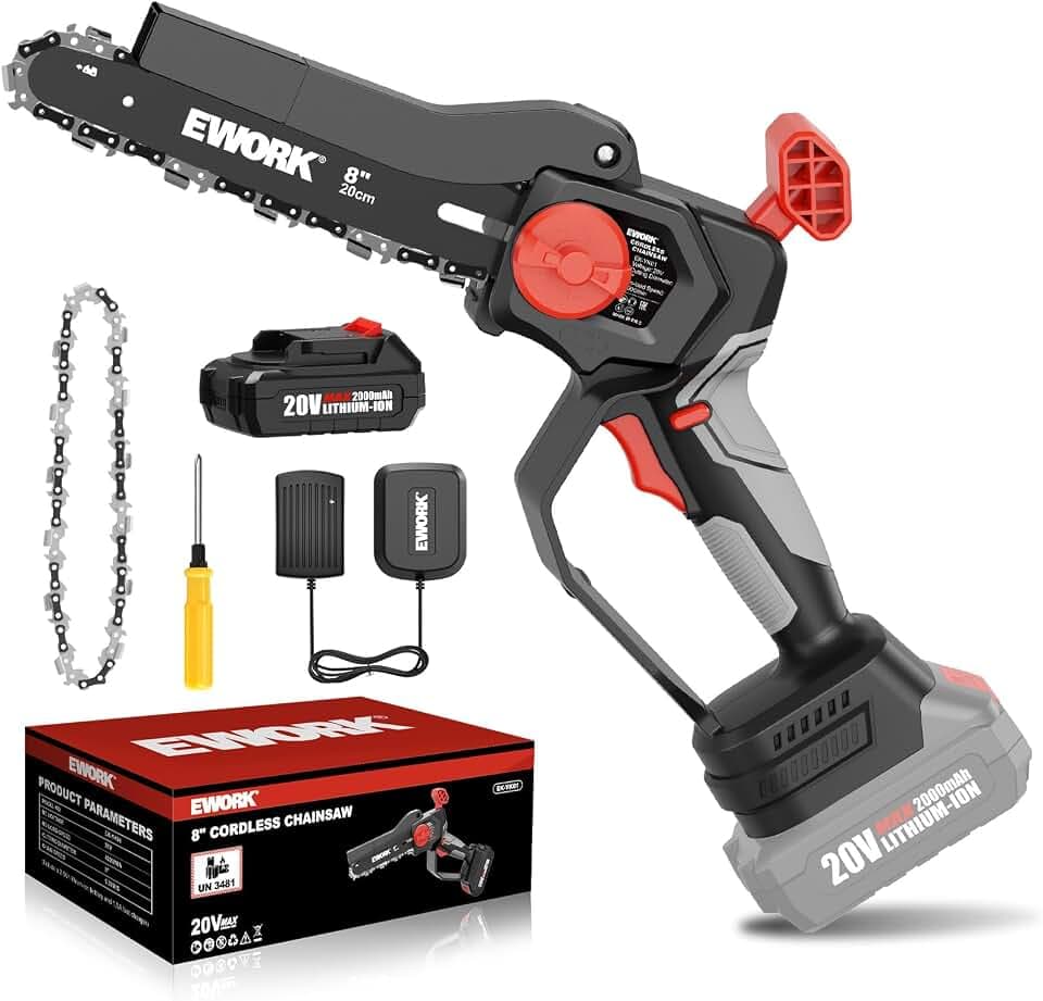 EWORK Mini Chainsaw Cordless 8-Inch, Brushless Motor, Mini Electric Chainsaw Cordless Battery Powered with Auto-Tension, Lightweight, Small Handheld Chainsaw for Pruning & Wood Cutting