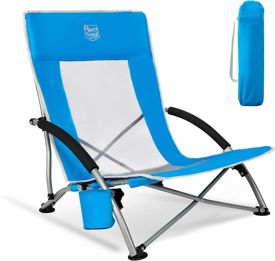 TIMBER RIDGE Strandstuhl Klappbar Leicht 150kg mit Netzstoffrückenlehne | Campingstuhl Faltbar Niedrig Faltstuhl mit Getränkhalter Atmungsaktiv für Strand Garten Angeln