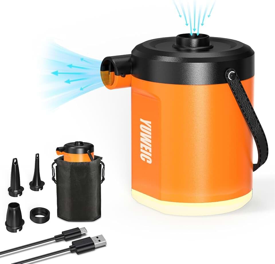 Elektrische Luftpumpe mit 5000-mAh-Akku, tragbare Luftpumpe mit 3 Düsen, inklusive Campinglampe, elektrische Luftpumpe, geeignet für Strand, Camping und Outdoor-Veranstaltungen