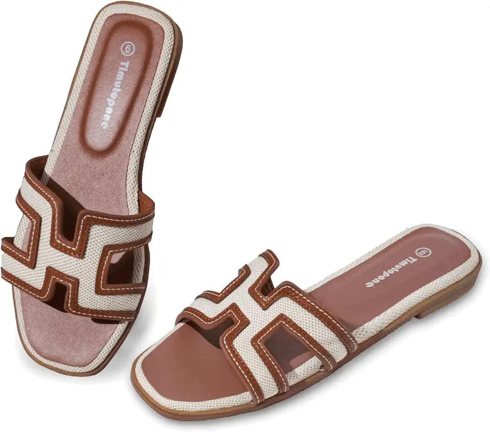H Flat Sandals for Women Dressy Lightweight Comfortable Slide Sandal Fashion Summer Trendy Casual Slip-On Shoes